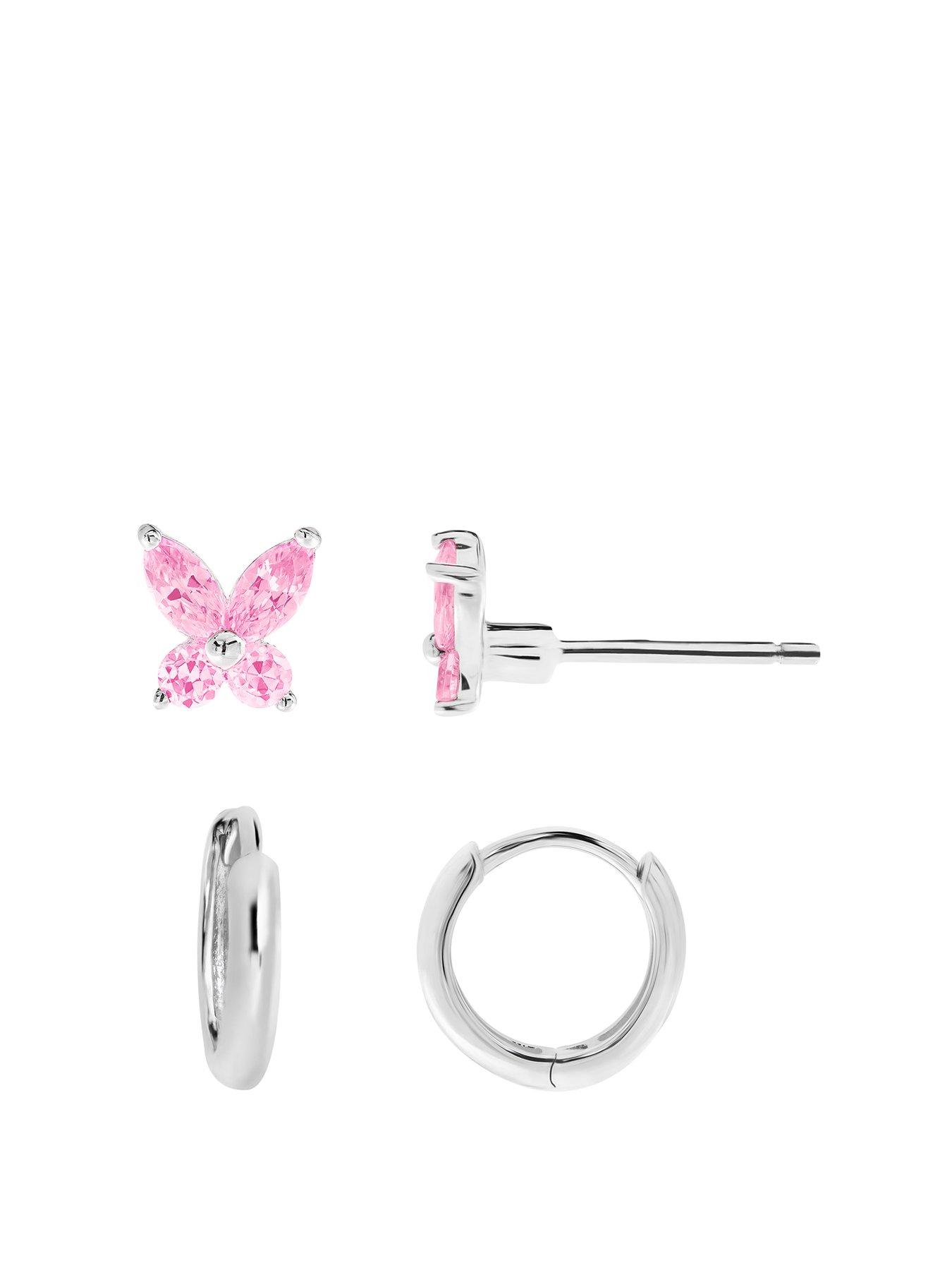 Kids Kids SterlIng Silver Pink Cubic Zirconia Butterfly Stud Earrings and 10mm Hoops Set