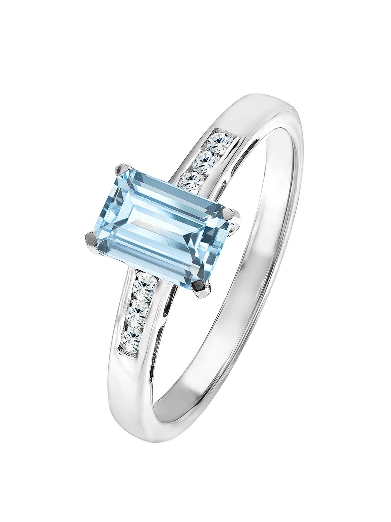 Product photograph of Love Gem 9ct White Gold Emerald Cut 7 5mm Aquamarine And Diamond Ring from very.co.uk