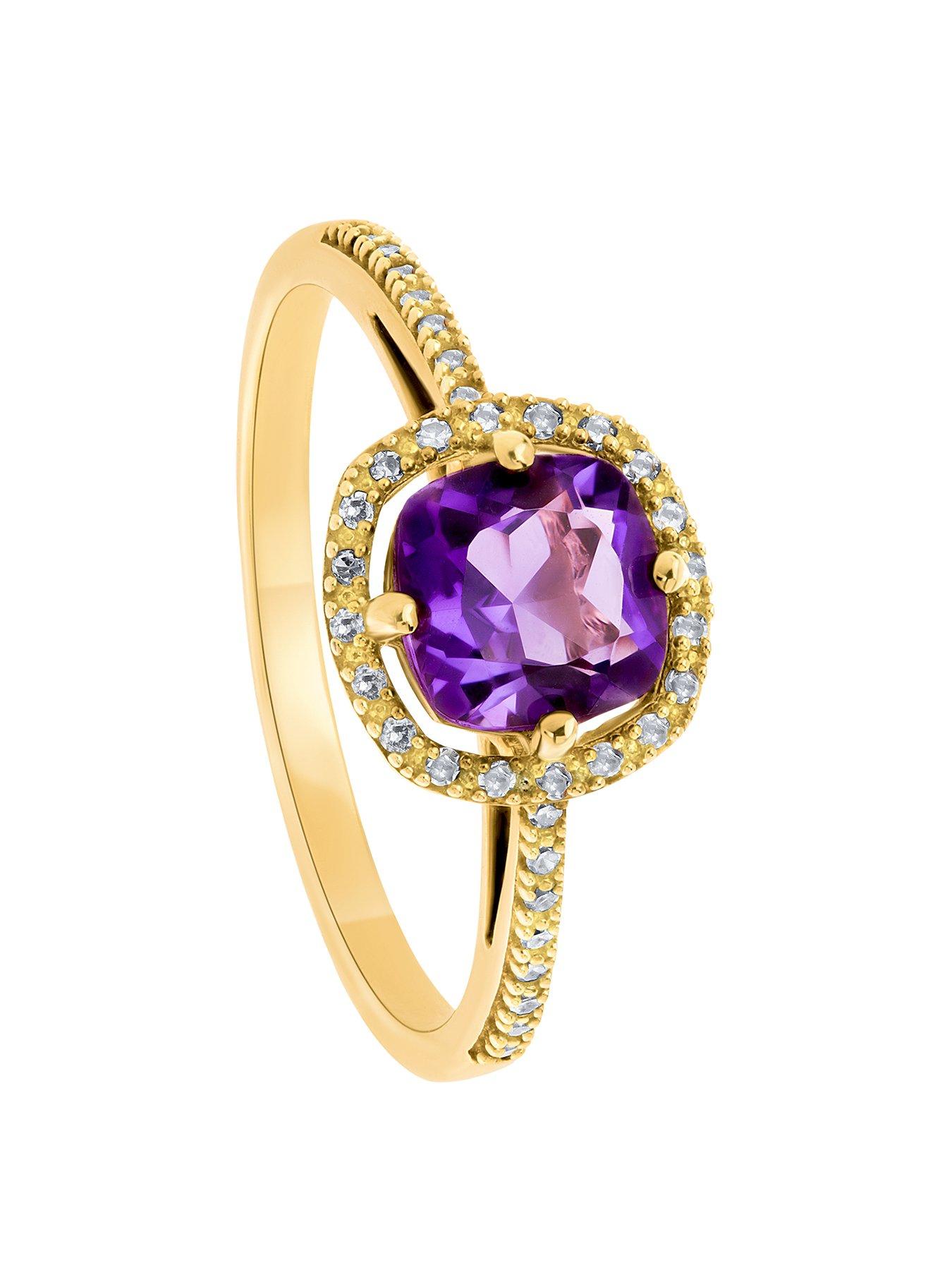 Product photograph of Love Gem 9ct Yellow Gold 6mm Cushion Cut Amethyst And 0 10ct Diamond Halo Ring from very.co.uk