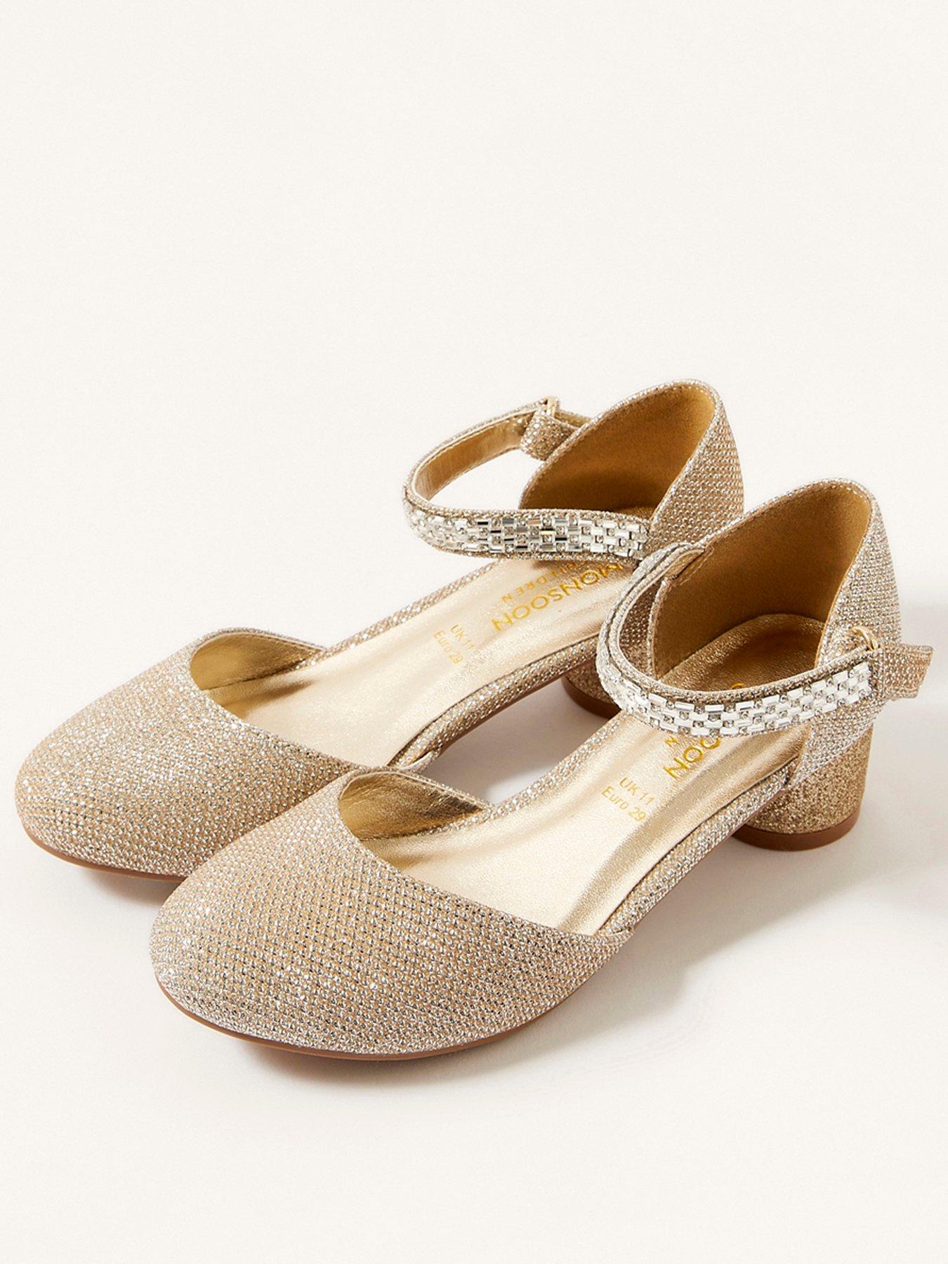Kids Girls Shimmer Diamante Strap 2 Part Heel Shoes - Gold