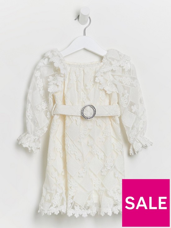 front image of river-island-mini-mini-girls-lace-belted-dress-white