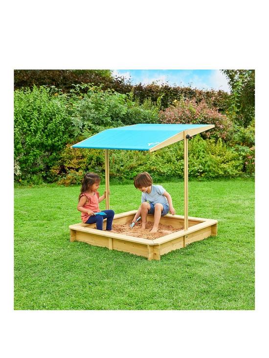 front image of tp-wooden-sandpit-with-sun-canopy