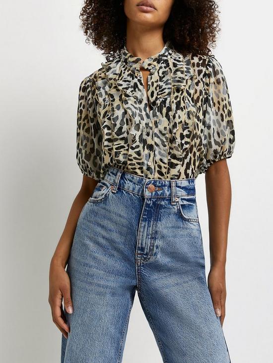 front image of river-island-leopard-print-ruffled-shirtnbsp--brown