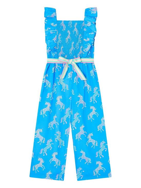 front image of monsoon-girls-sew-unicorn-print-jumpsuit-blue