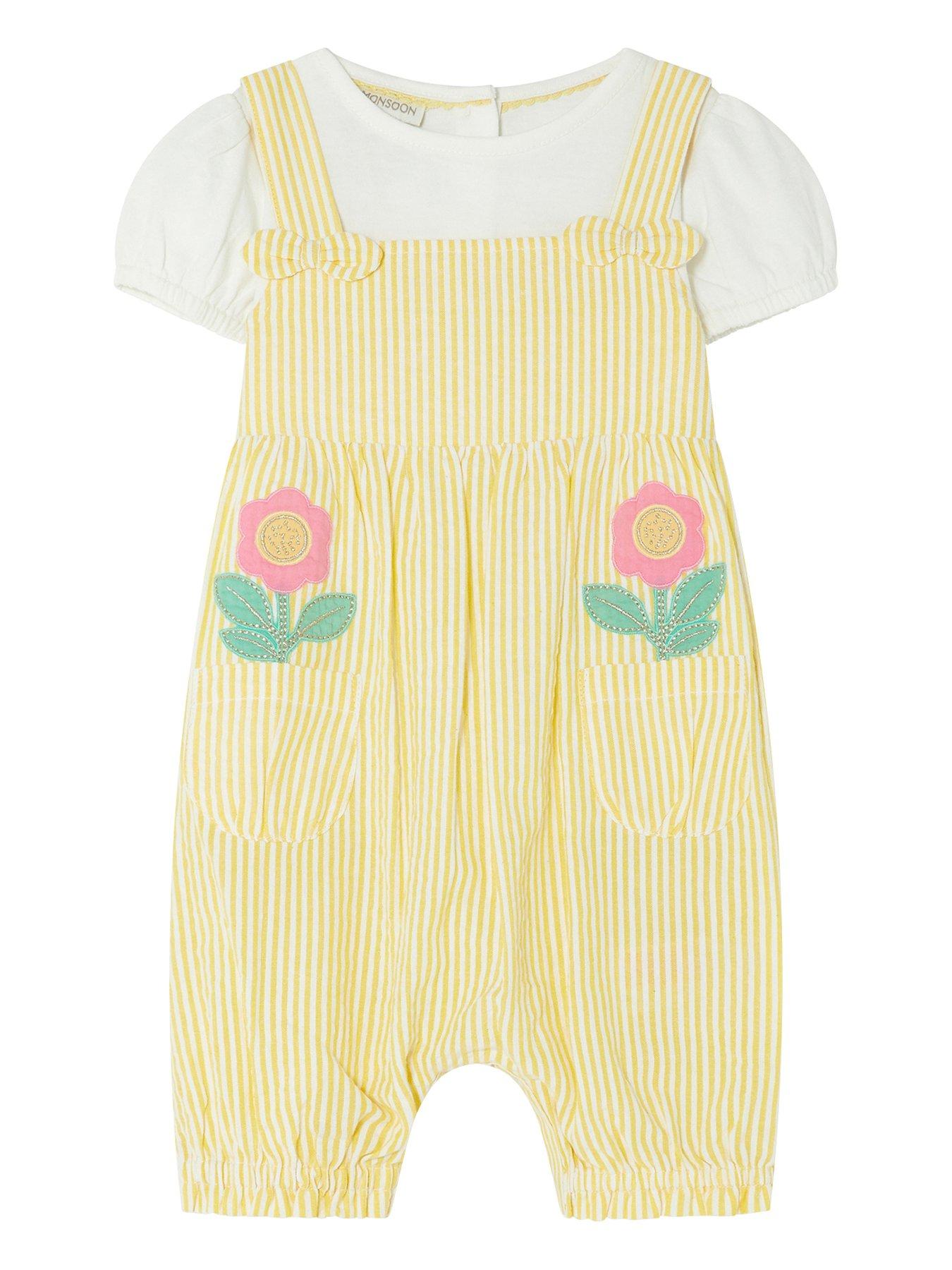  Baby Girls Seersucker Floral Stitch Romper Set - Yellow