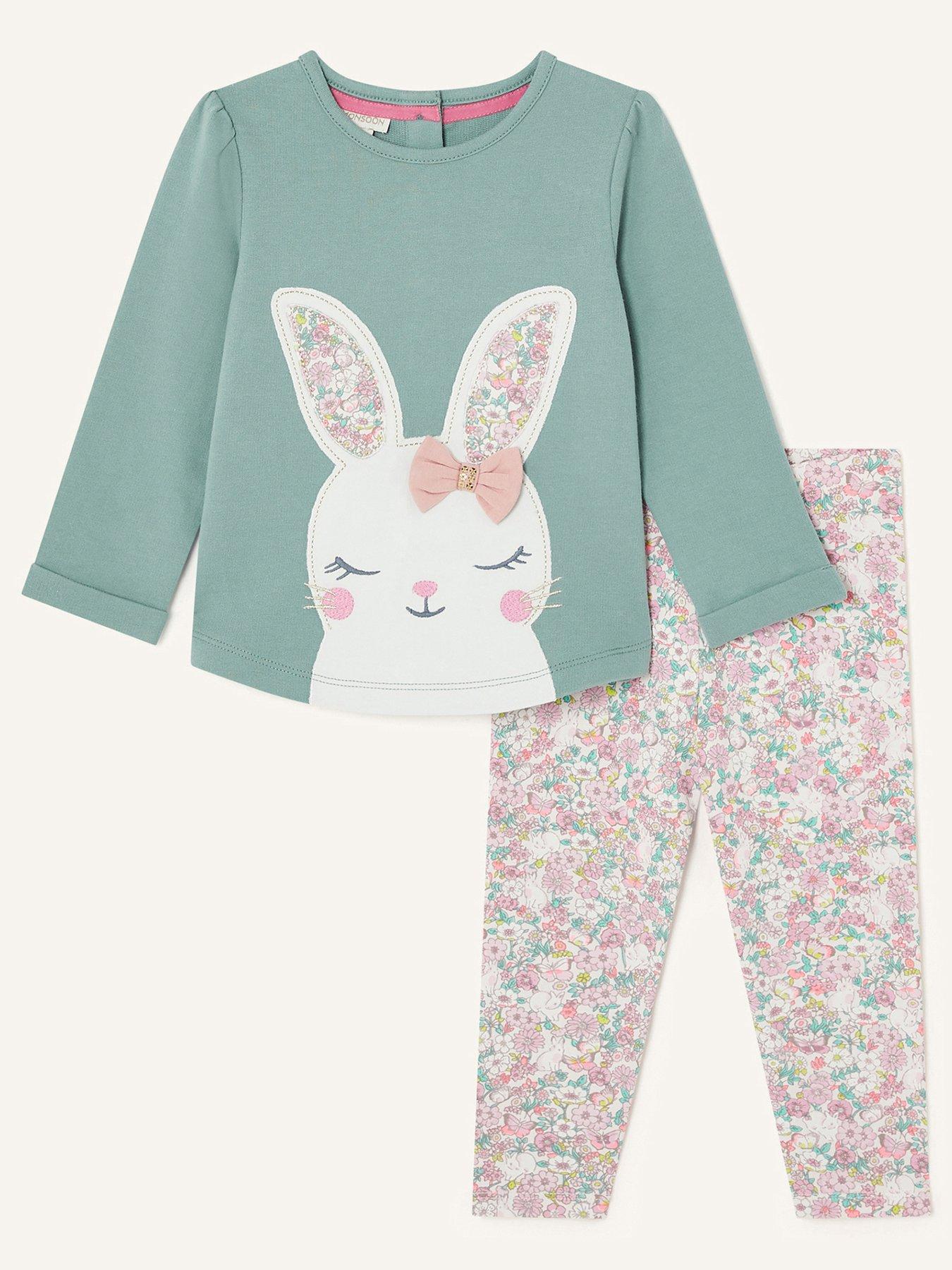 Kids Baby Girls Bunny Top And Floral Legging Set - Aqua