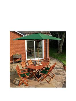 Rowlinson Plumley Outdoor Dining Set With Cushions, Parasol And 15Kg Base (Green)