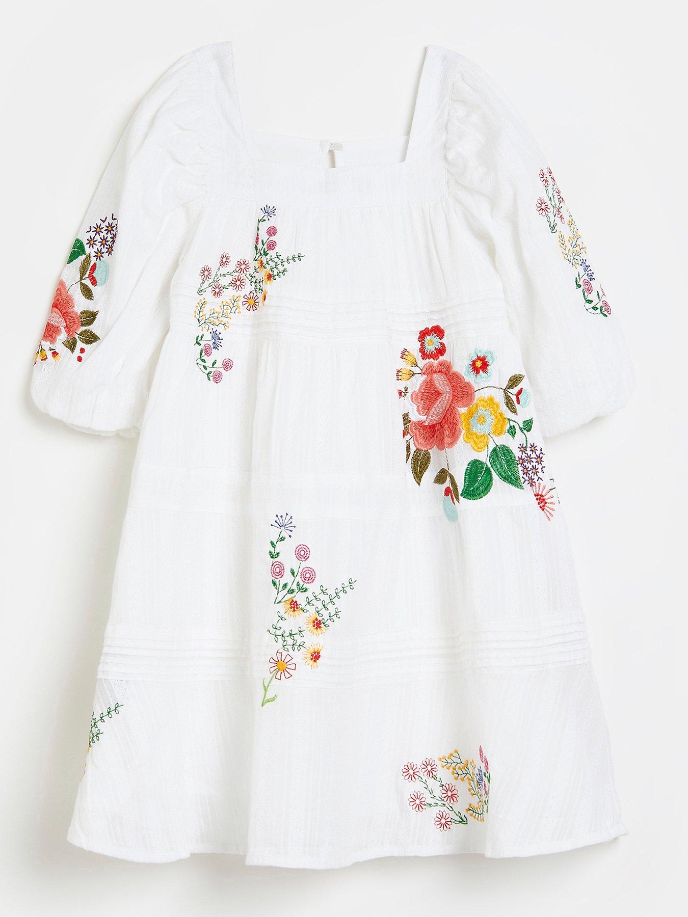 Kids Girls Floral Broderie Dress-White
