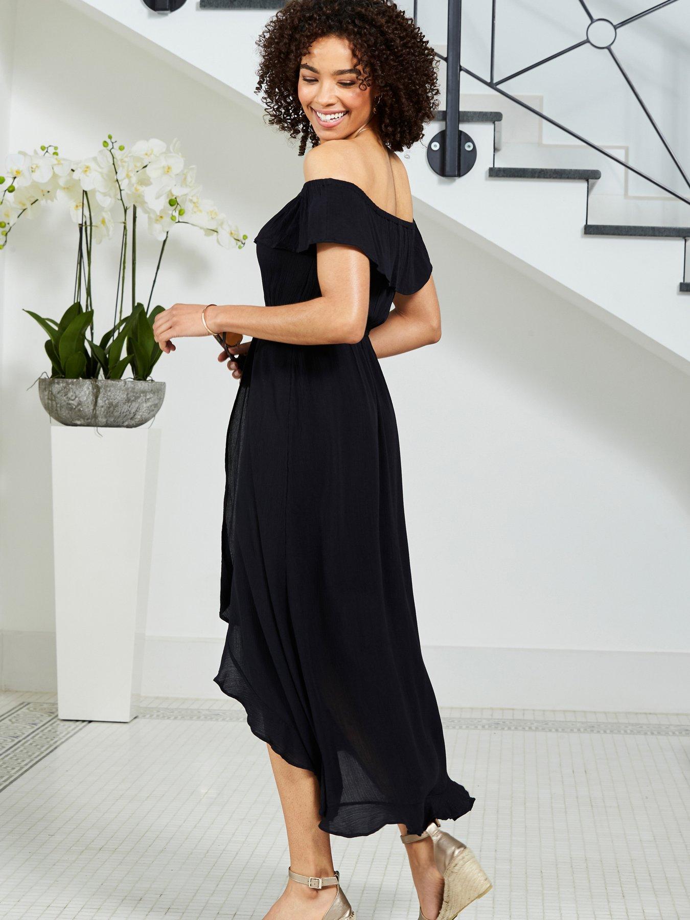 Image 2 of 5 of Sosandar Black Ruffle Detail Side Split Bardot Dress