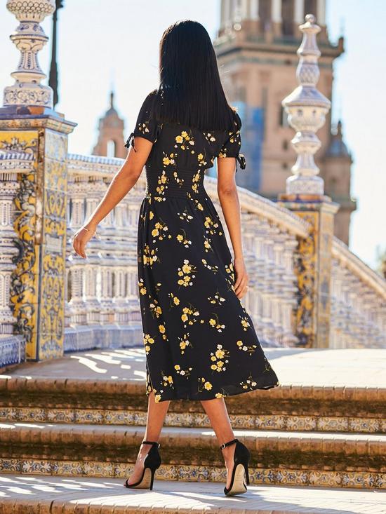 stillFront image of sosandar-black-yellow-floral-print-button-front-midi-dress