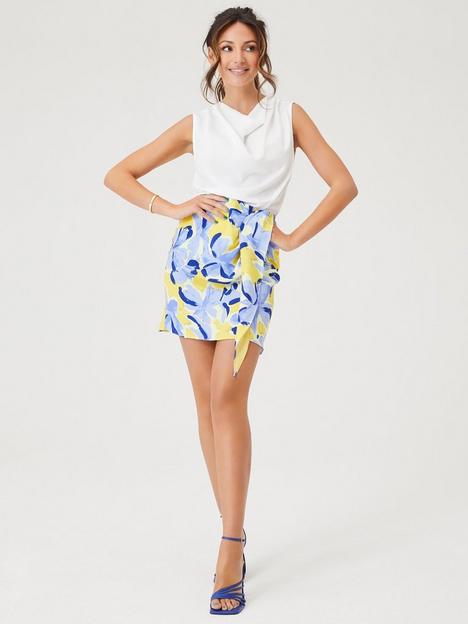 michelle-keegan-tie-front-drape-mini-skirt-blue-floral-print