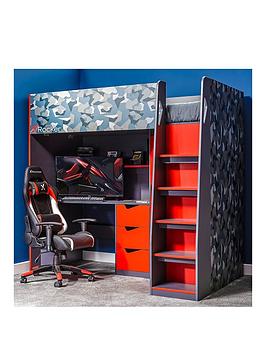Product photograph of X Rocker Hideout - Gaming High Sleeper Bed With Desk Wardrobe And Drawers - Red from very.co.uk