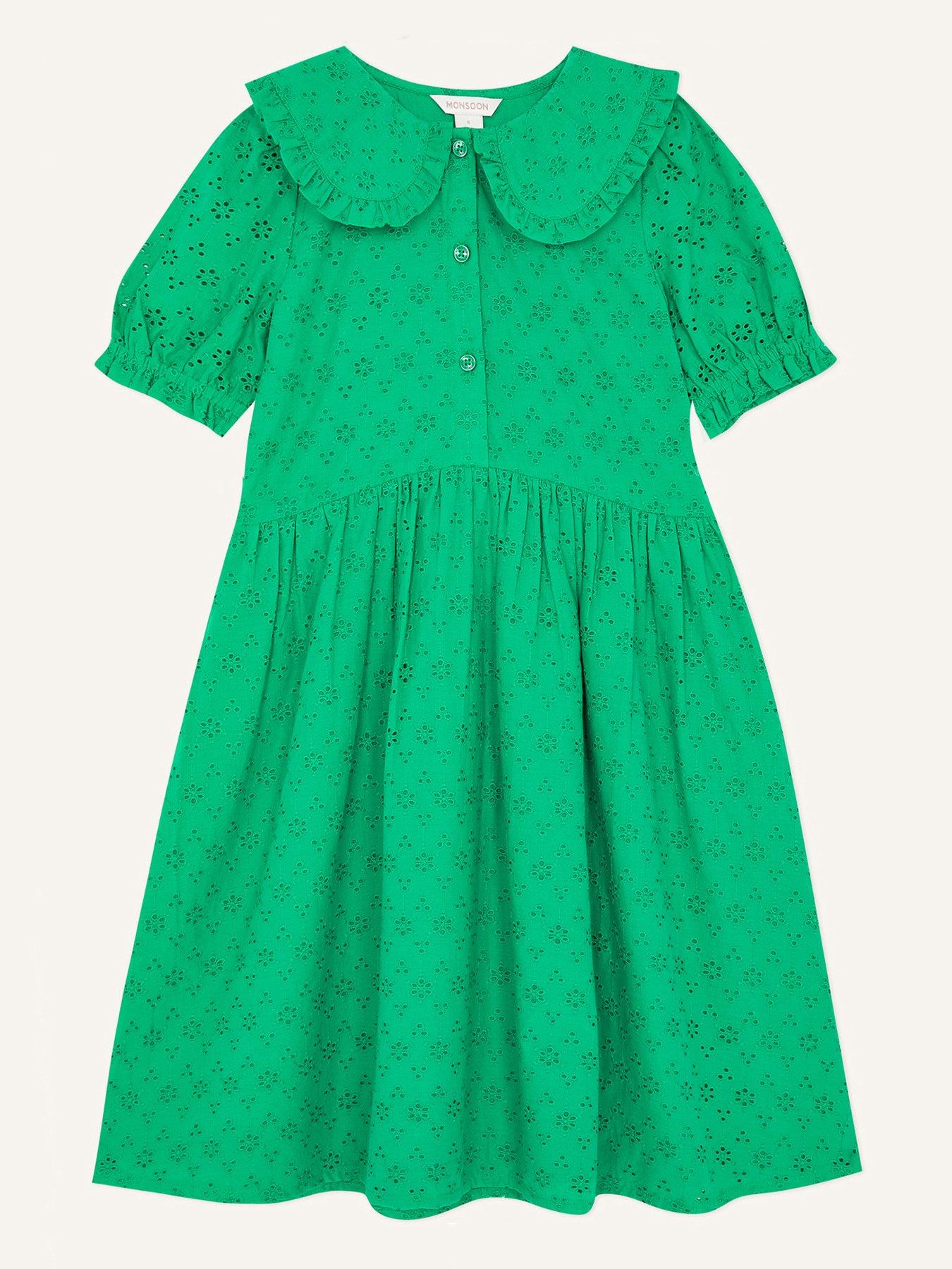  Girls S.e.w. Broderie Dress With Collar - Green