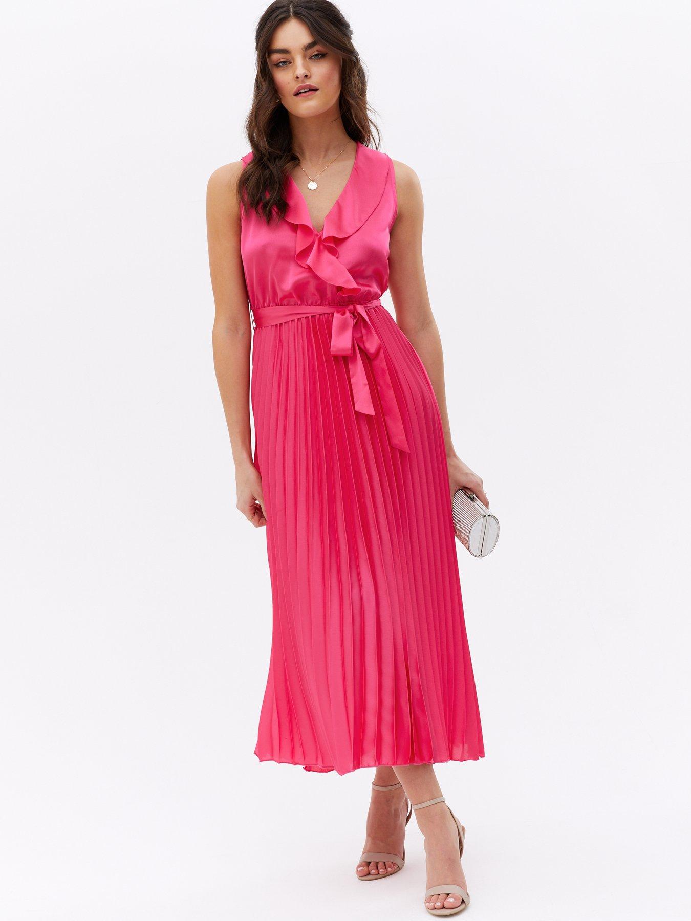 New Look Ruffle Satin Pleated Midaxi Dress - Bright Pink | very.co.uk