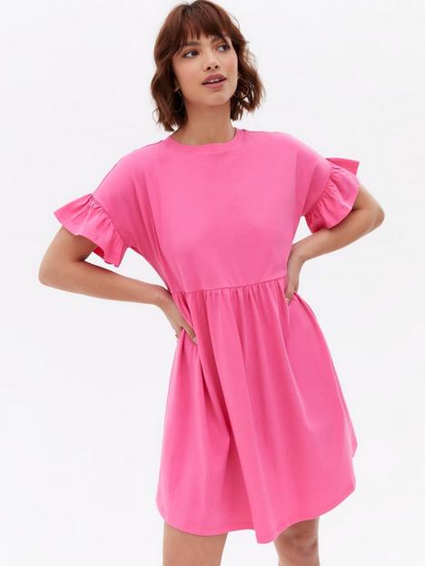 new-look-bright-pink-jersey-frill-mini-smock-dress