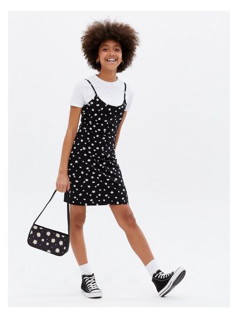 new-look-915-girls-black-ditsy-floral-2-in-1-short-sleeve-dress