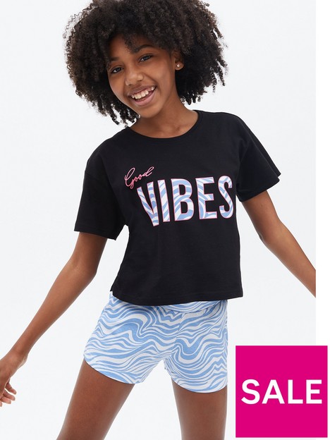 new-look-915-girls-2-pack-black-and-pink-marble-short-pyjama-sets