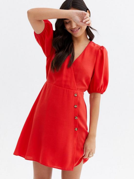 front image of new-look-red-herringbone-button-side-mini-wrap-dress