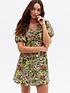  image of new-look-black-floral-ruched-puff-sleeve-mini-dress