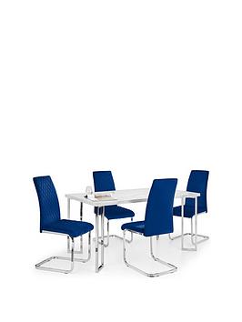 Julian Bowen Positano 150 Cm Dining Table + 4 Calabria Velvet Chairs - Marble/Blue