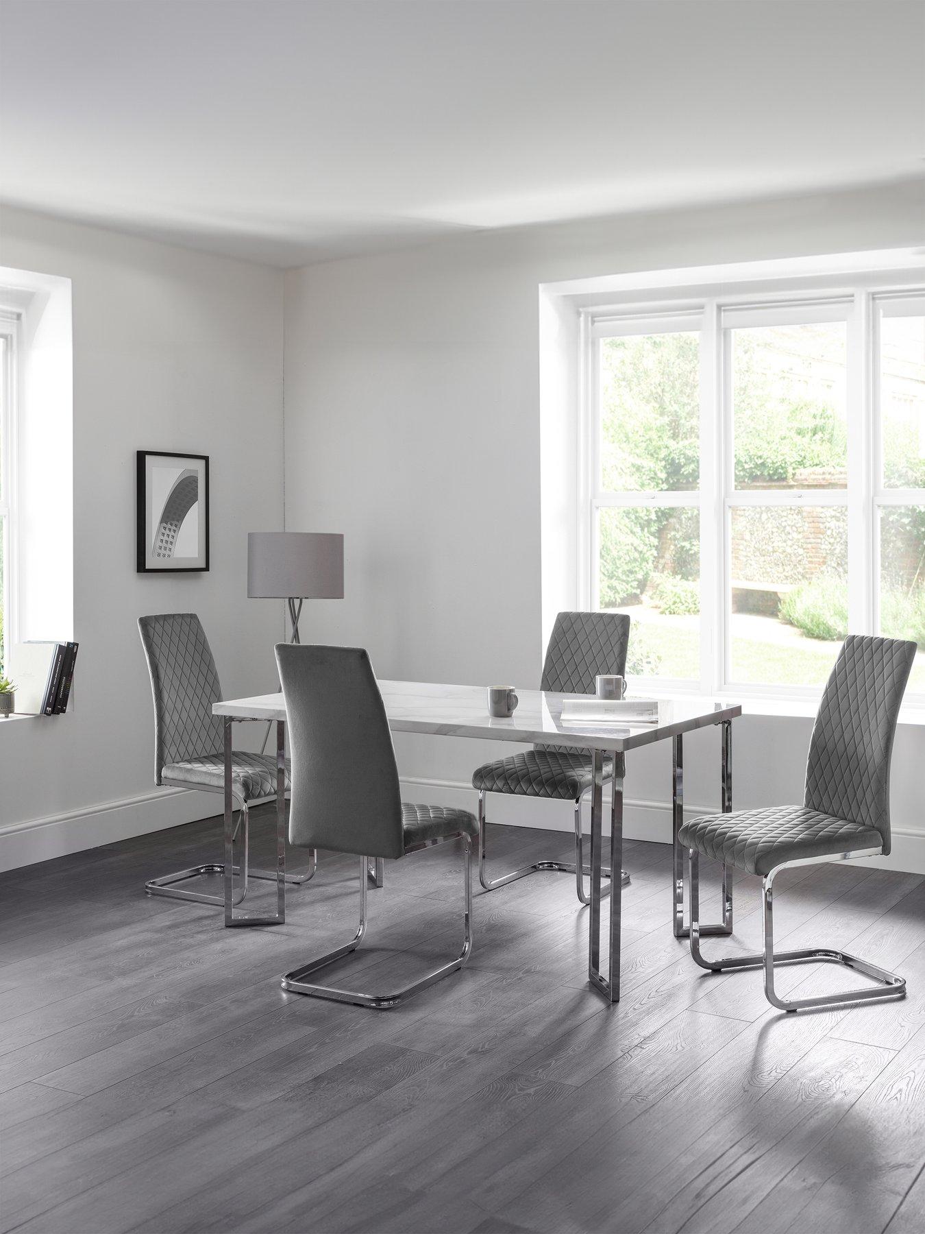 Julian Bowen Positano 150 Cm Dining Table + 4 Calabria Velvet Chairs - Marble/Grey