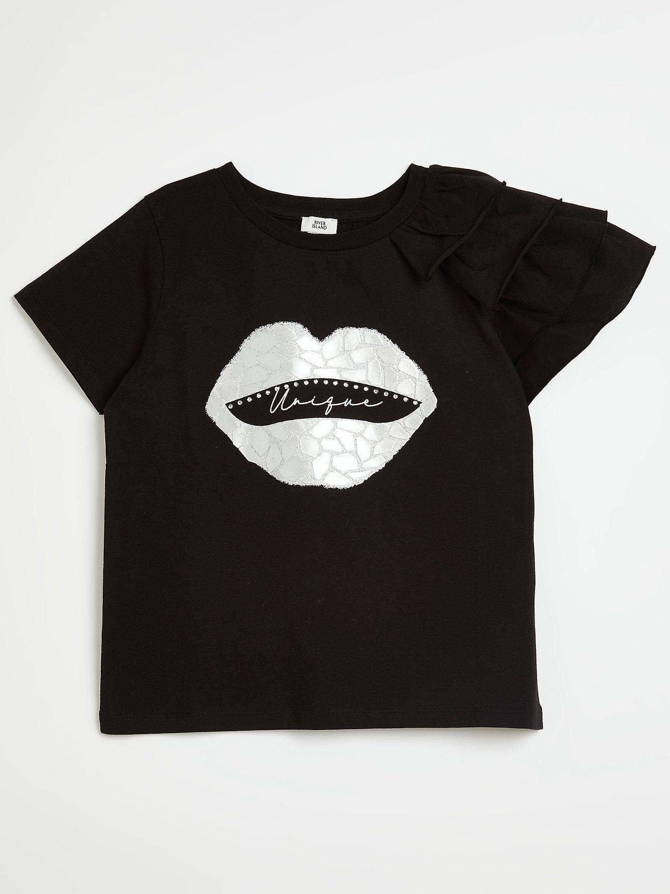 River Island Girls Frill Shoulder Lips Tshirt-Black | very.co.uk