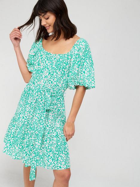 v-by-very-puff-sleeve-tie-waist-skater-dress-green-floral