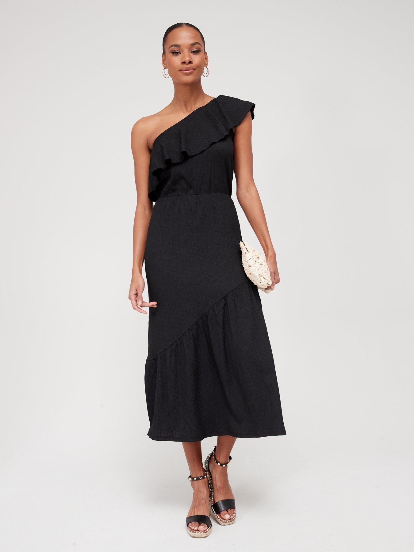 V by Very One Shoulder Crinkle Midaxi Dress - Black | very.co.uk