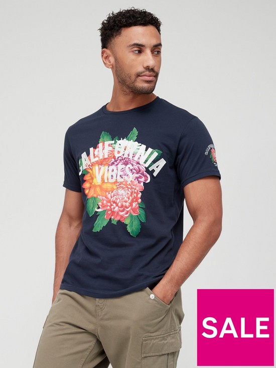 front image of brave-soul-crew-neck-california-vibes-printed-t-shirt-navy