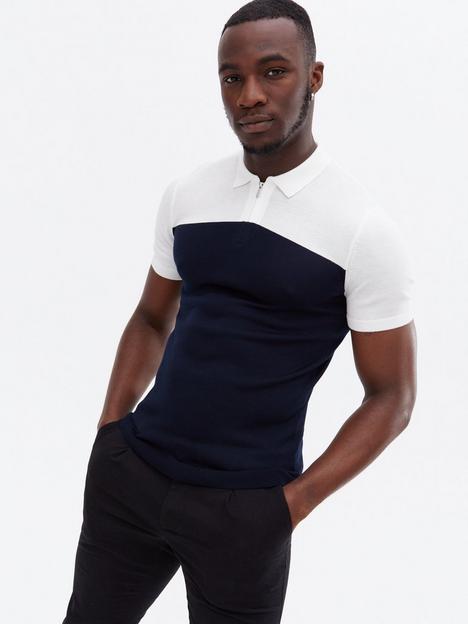 new-look-navy-colour-block-zip-fine-knit-polo-shirt