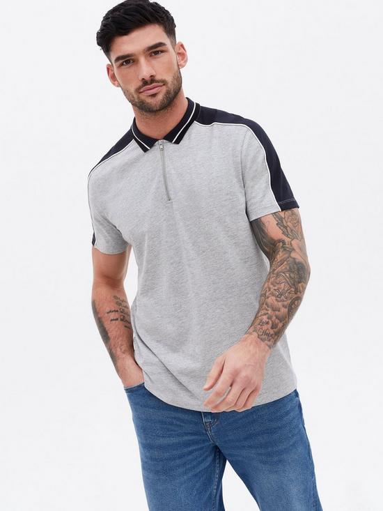 front image of new-look-grey-stripe-sleeve-zip-short-sleeve-polo-shirt