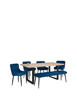 Julian Bowen Berwick 180 Cm Dining Table + 1 Luxe Low Bench + 4 Luxe Chairs - Oak/Blue