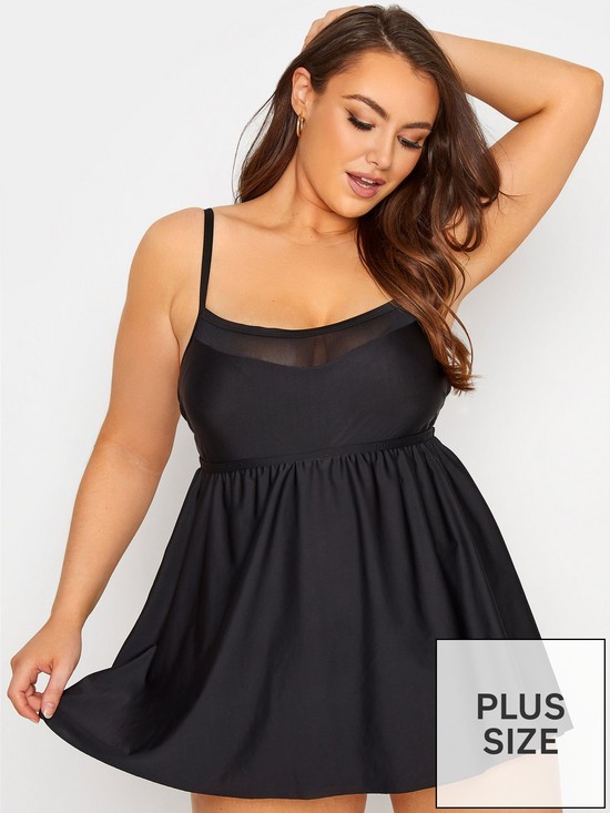 front image of yours-curve-mesh-panel-swim-dress-black