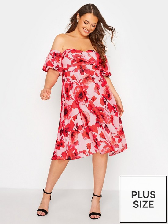front image of yours-londonnbsppuff-sleeve-floral-skater-dress-pink