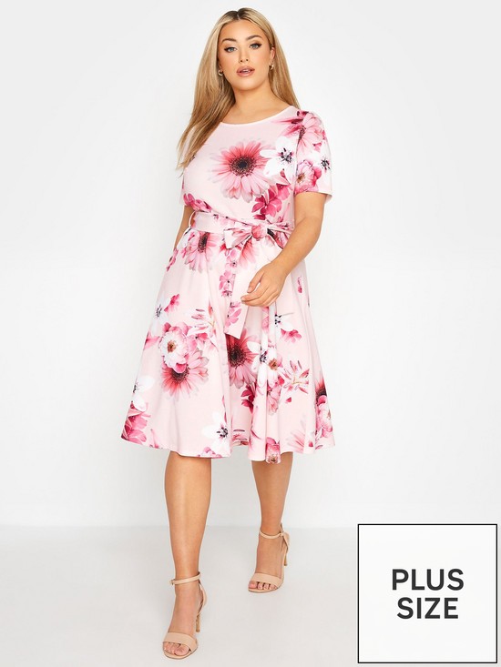front image of yours-london-floral-print-midi-skater-dress-pink