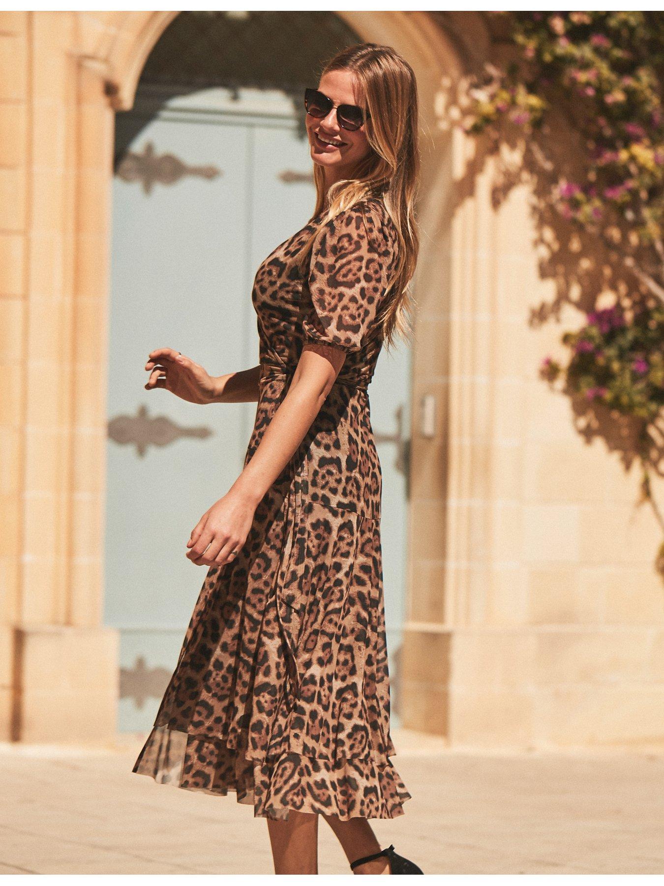 Leopard Print Mesh Wrap Dress