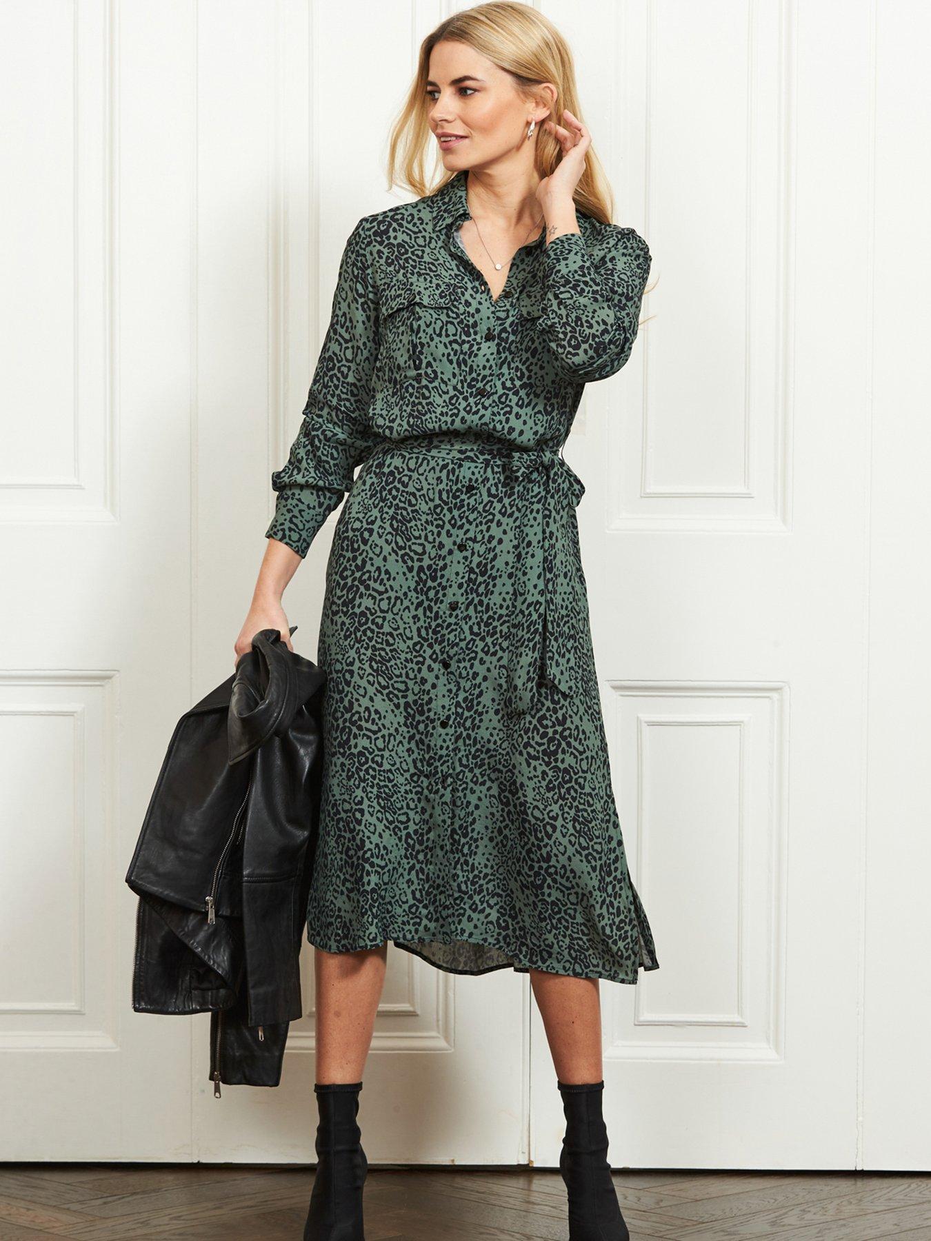 new look green animal print dress Midi Dress New Look Green Animal Print Dress Green Animal Print Cuffed  Sleeve Midi Shirt Dress