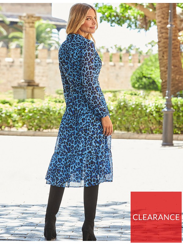 Sosandar Blue Leopard Print Tiered Midi Shirt Dress 