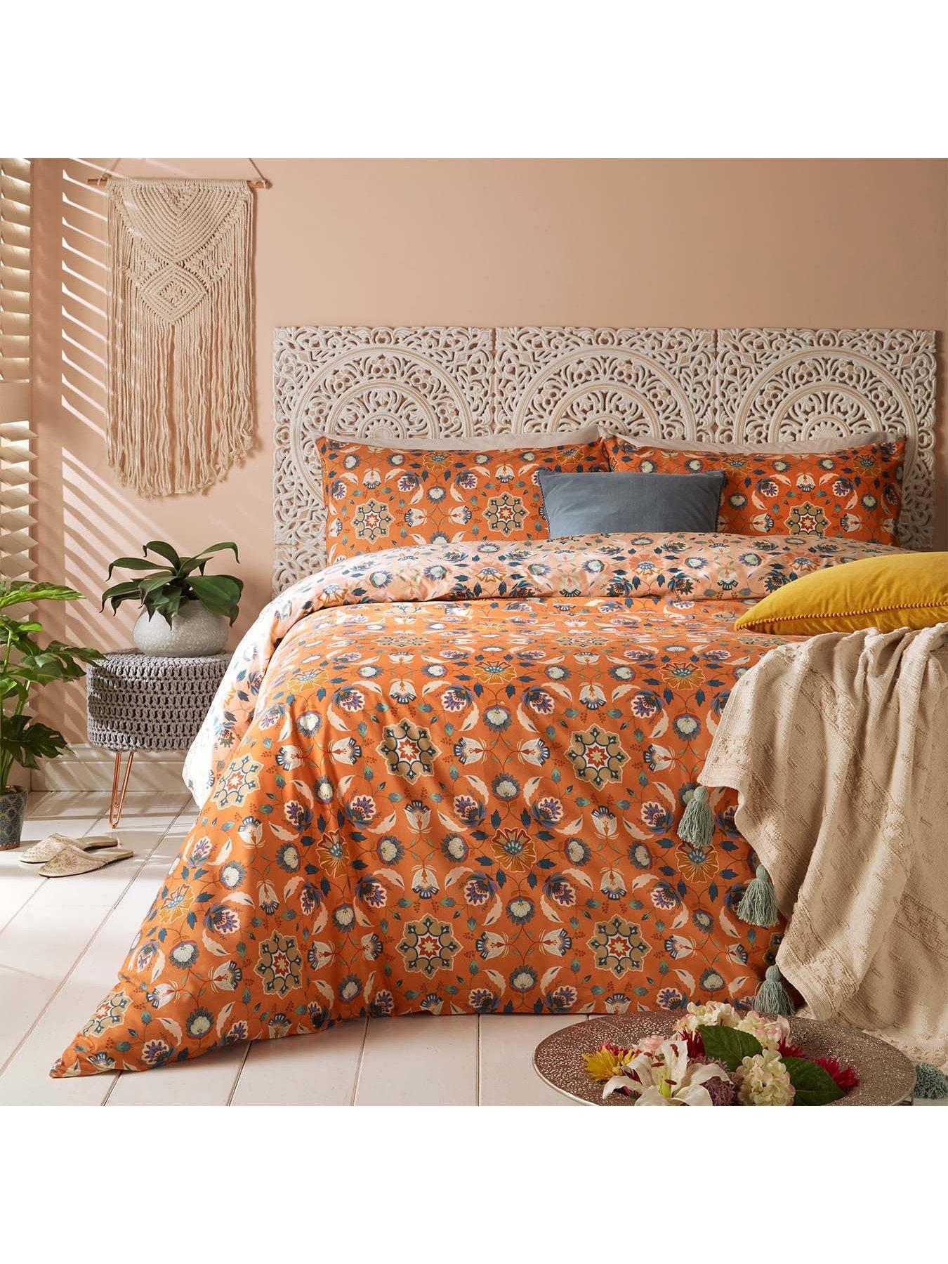 Product photograph of Furn Folk Flora Reversible Duvet Cover Set - Orange from very.co.uk