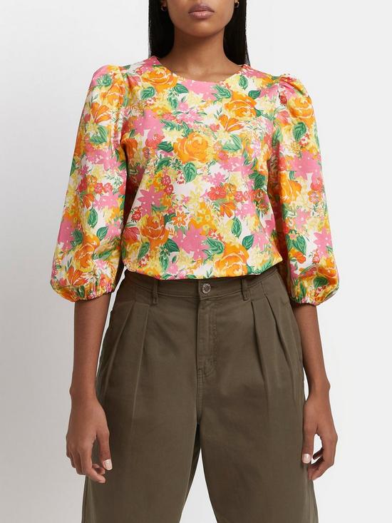 front image of river-island-printed-puff-sleeve-blouse-orange