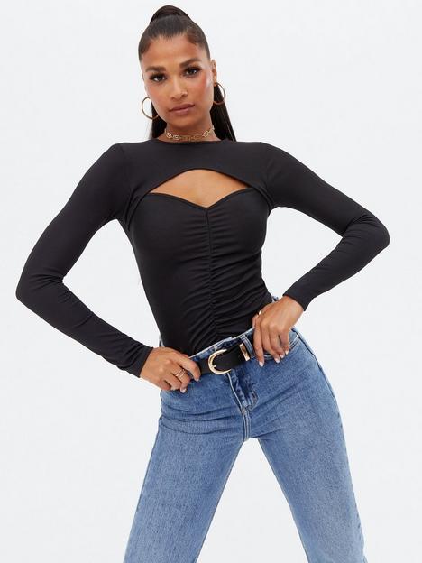 new-look-black-sweetheart-ruched-cut-out-bustier-bodysuit