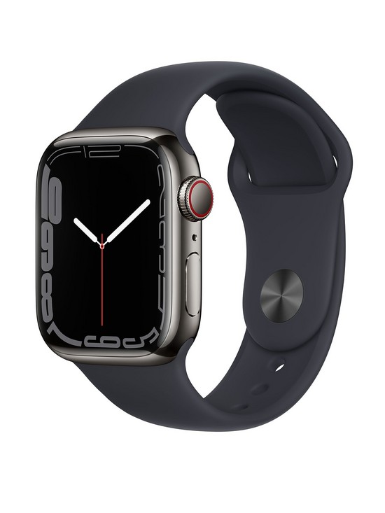 front image of apple-watch-series-7-gps-cellular-41mm-graphite-stainless-steel-with-midnight-sport-band
