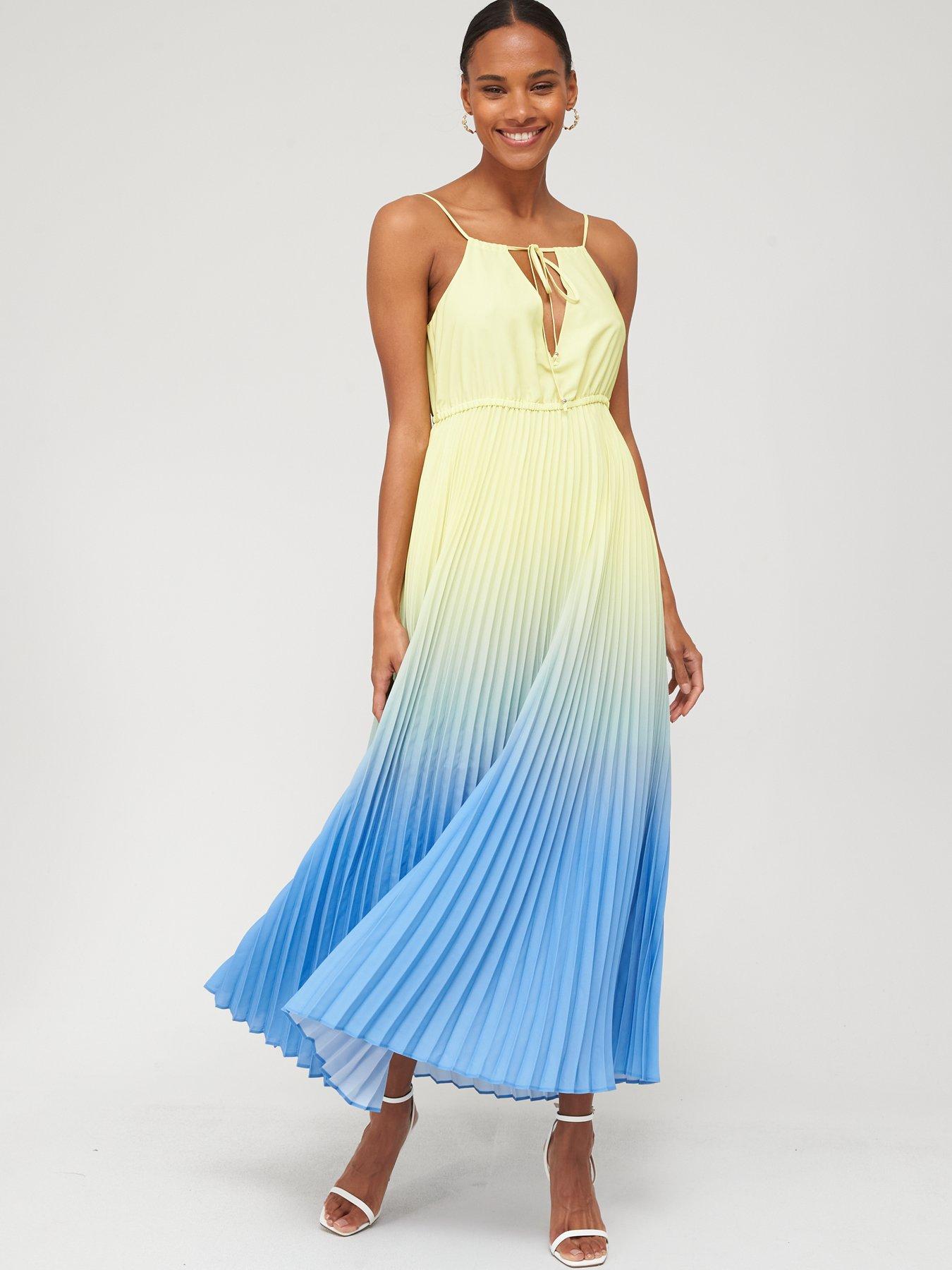 cami strap ombre pleated midi dress in blue