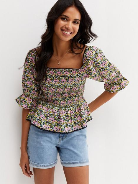 new-look-black-ditsy-floral-shirred-peplum-top