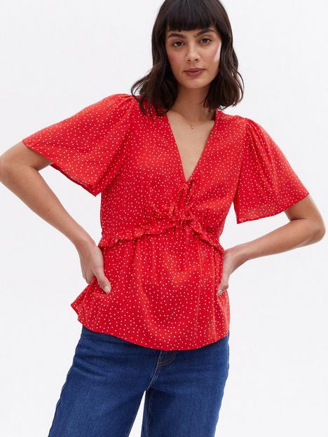 new-look-red-spot-frill-v-neck-peplum-blouse