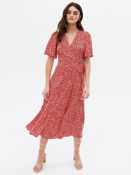 front image of new-look-red-knit-callie-animal-hem-wrap-midi-dress