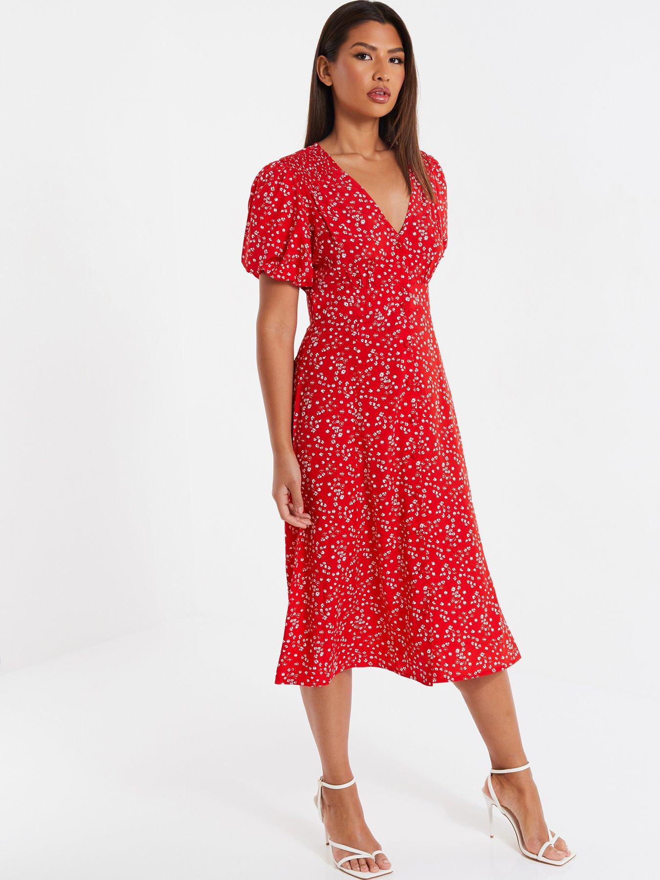 Quiz Red/white Ditsy Floral Puff Sleeve Midi Dress | very.co.uk