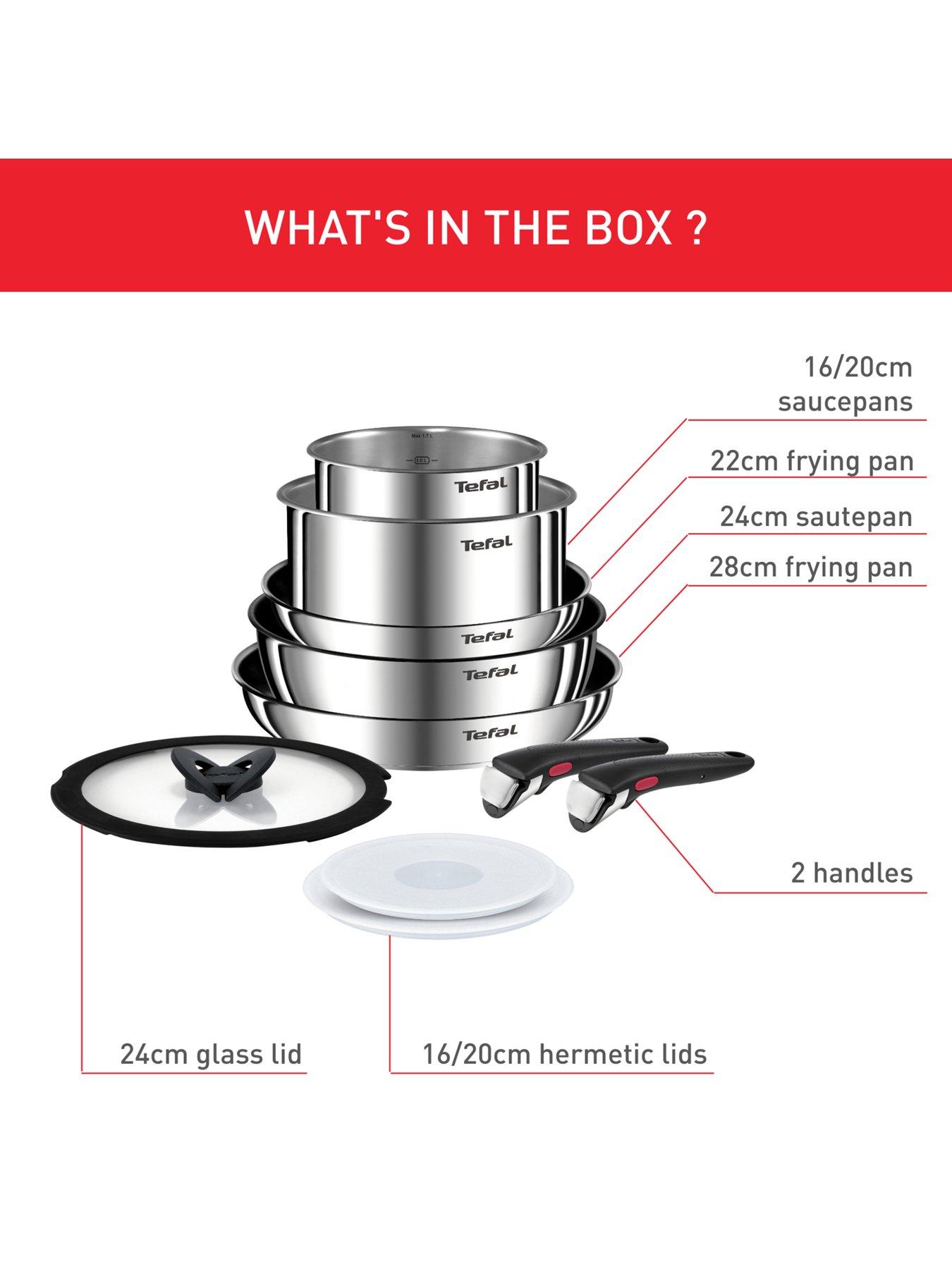 Image 2 of 7 of Tefal Ingenio Emotion 10 piece set: 22/26cm Frying Pans, 16/20cm Saucepans, 24cm Sautepan, 16/20cm Hermetic Lids, 24 cm Glass Lid + 2 Removable Handles, L897SA74