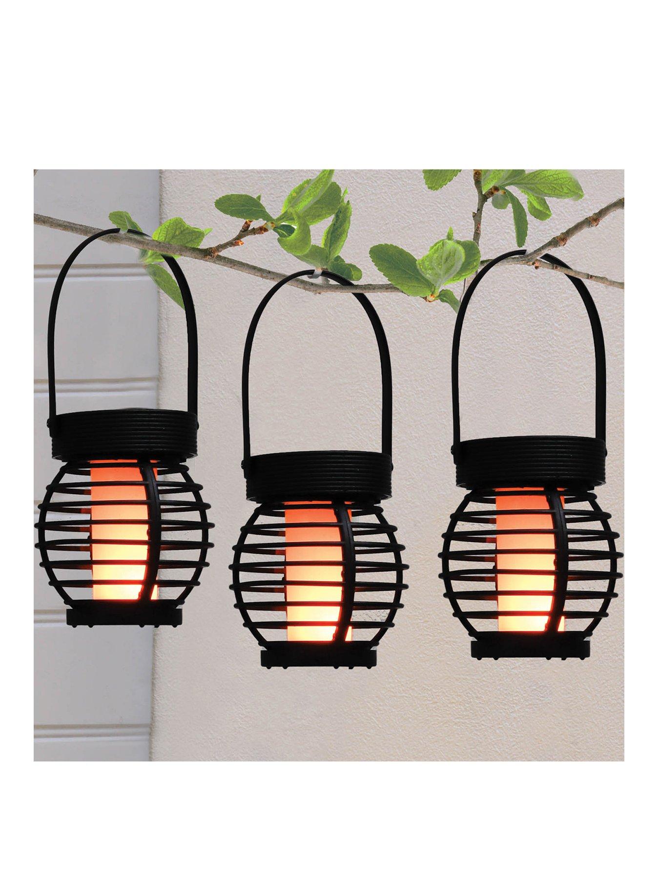 Product photograph of Gardenwize Hanging Solar Mini Lanterns With Flame-effect Led Pack Of 3 from very.co.uk