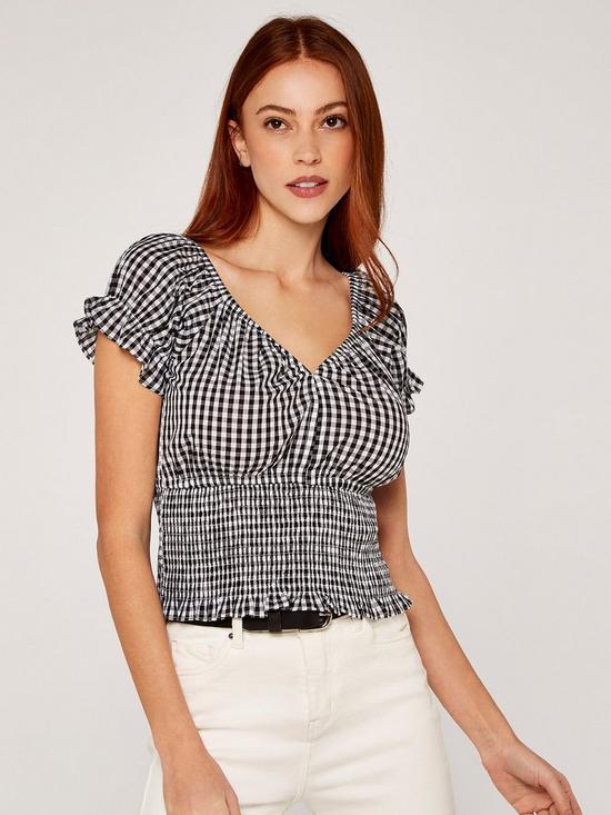front image of apricot-gingham-shirrednbspdetail-top-blacknbsp